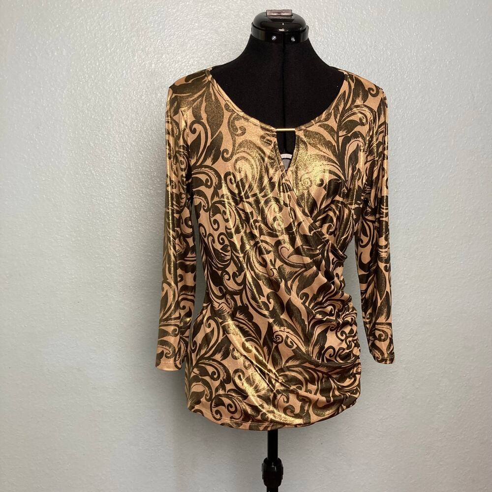L INC International Concepts Gold Brown Shiny Business Formal Blouse long sleeve